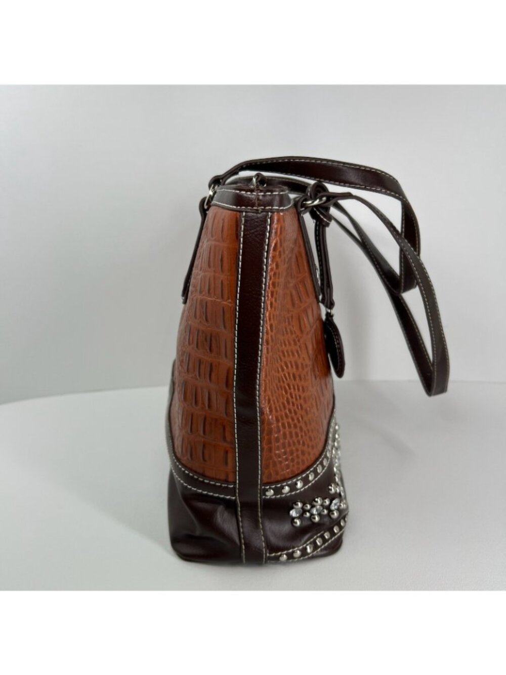 Silverake Shoulder Tote Bag Fleur De Lis Rhinestone Studded Croc Textured Brown - Picture 4 of 16